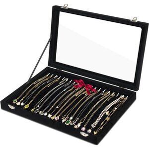 Necklace Organizer Jewelry Tray Velvet Display Box Dustproof Glass Lid Storage